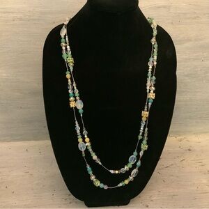 Elegant Hand Beaded Mint Yellow Clear Flower Long Wrap Necklace‎ 36” New